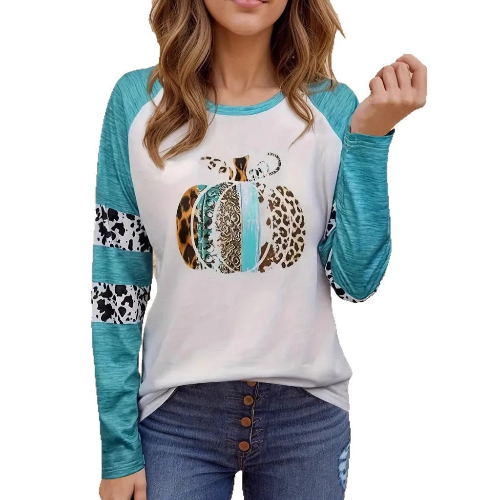 Sky blue Halloween T-shirt with 3D printed pumpkin design, long sleeves and regular fit