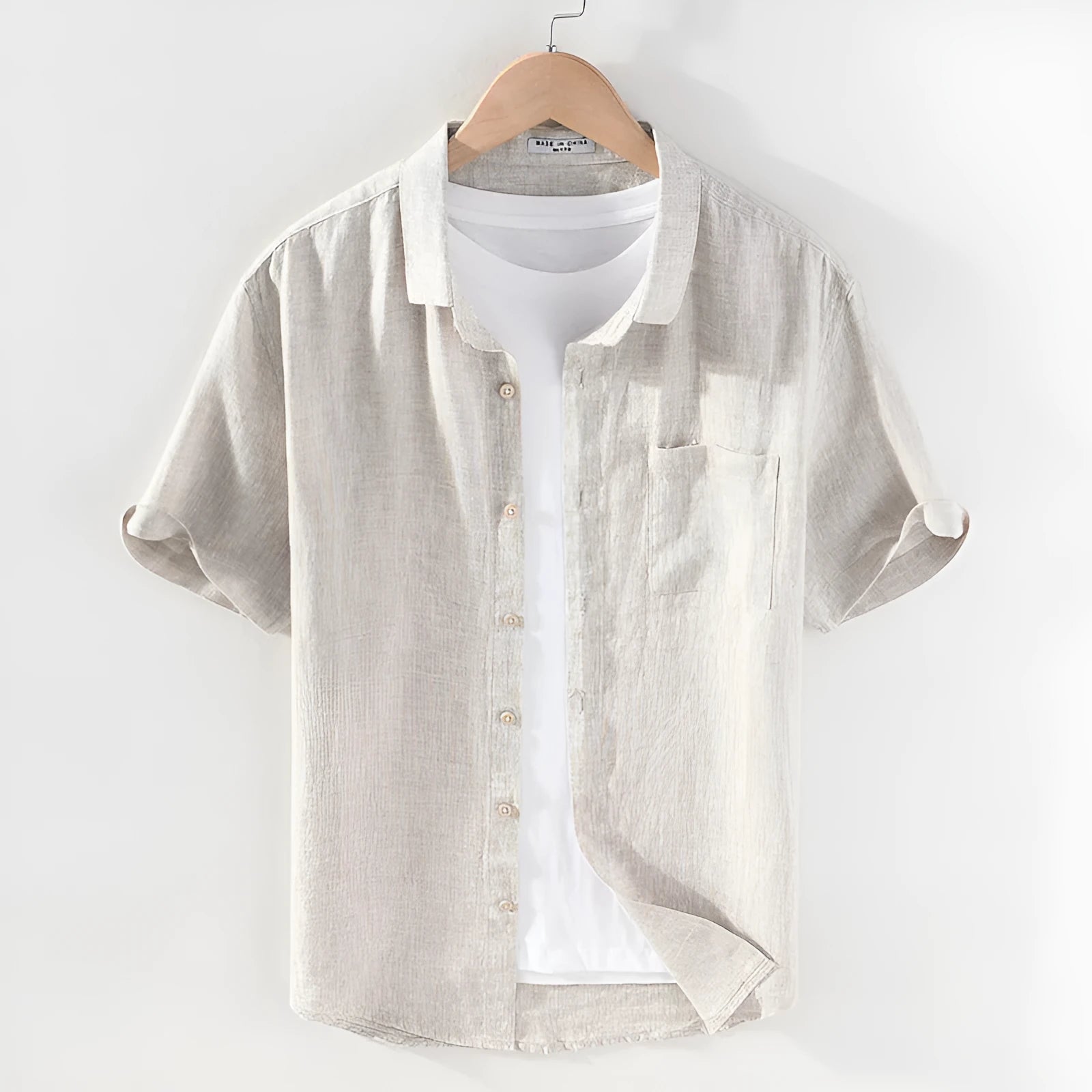 Men's linen short sleeve shirt with square collar in raw jute colour, cardigan style for casual wear