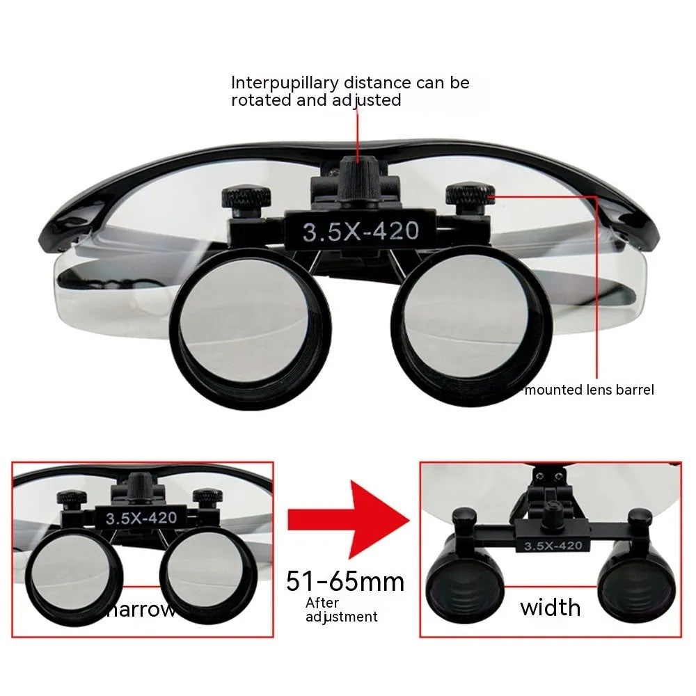 Black head-mounted dental magnifying glasses with LED light on adjustable headgear, shown with included charger and accessories.