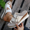 White patent leather wedge sandals with finger-fit design and woven detailing