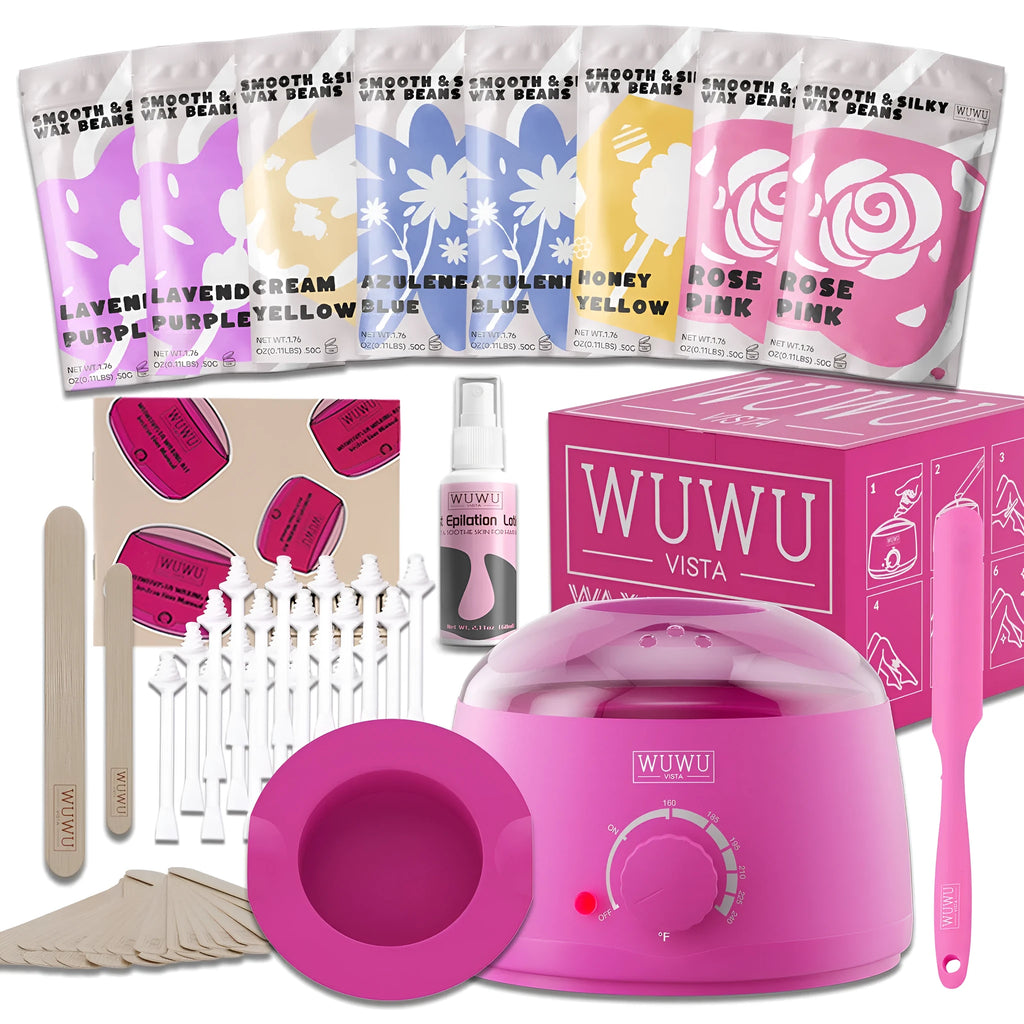 WUWUVISTA 63-piece waxing kit with black wax warmer, hard wax beans, applicator sticks, and silicone tools