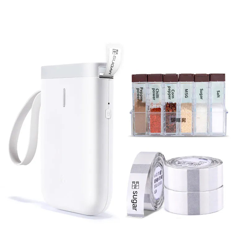 Compact D11 Bluetooth thermal label printer in black, with smartphone showing label design app.