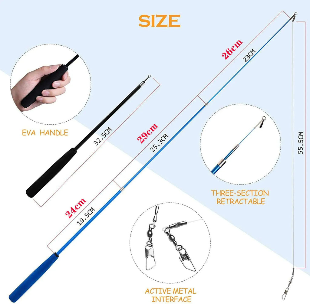 Cat feather fishing rod toy set with two handheld rods and ten interchangeable replacement heads