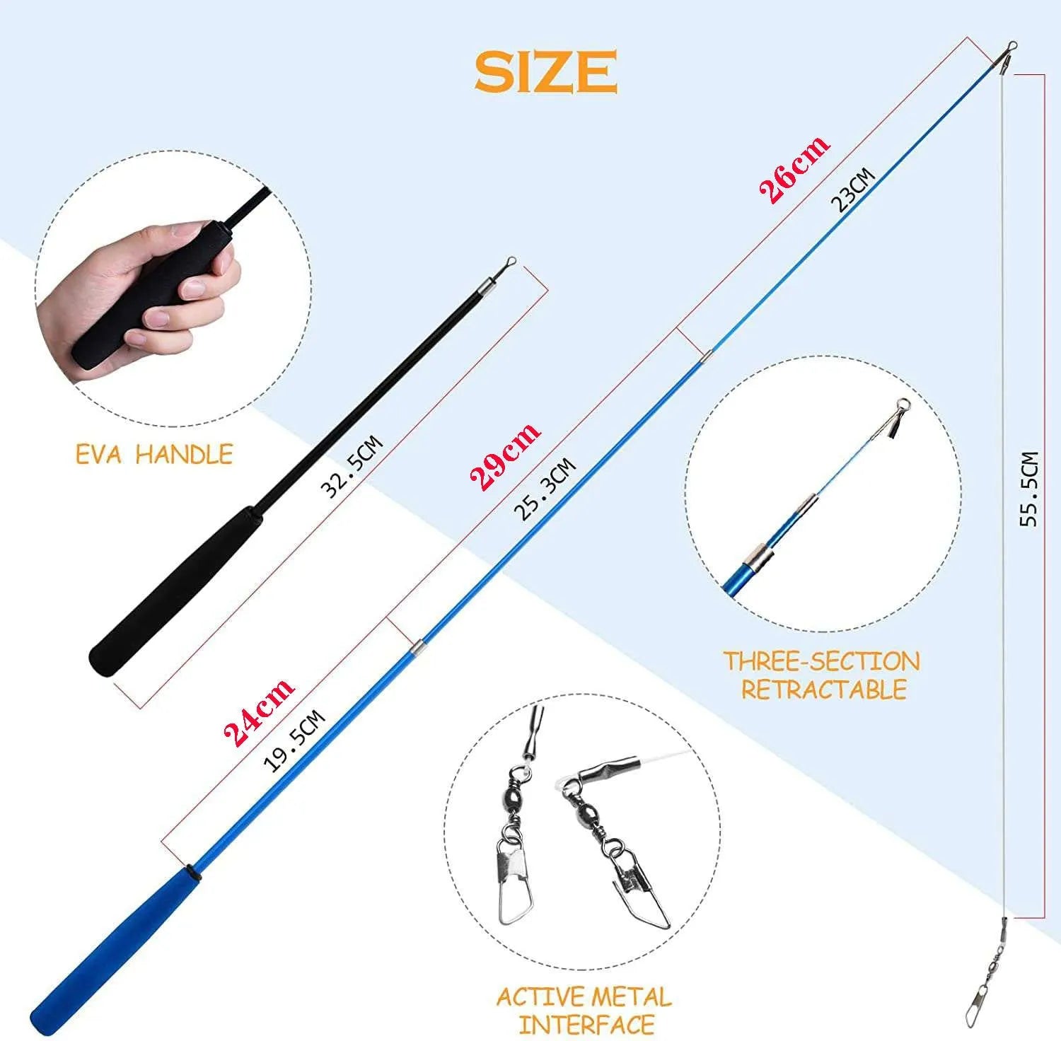 Cat feather fishing rod toy set with two handheld rods and ten interchangeable replacement heads