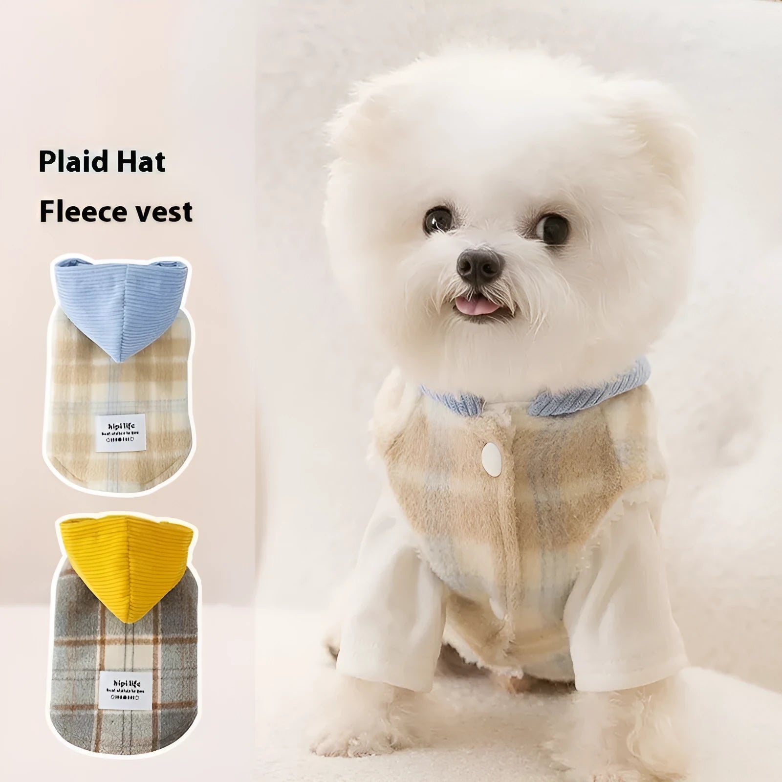 Blue corduroy pet hoodie with chessboard grid pattern and hood for dog autumn winter clothing