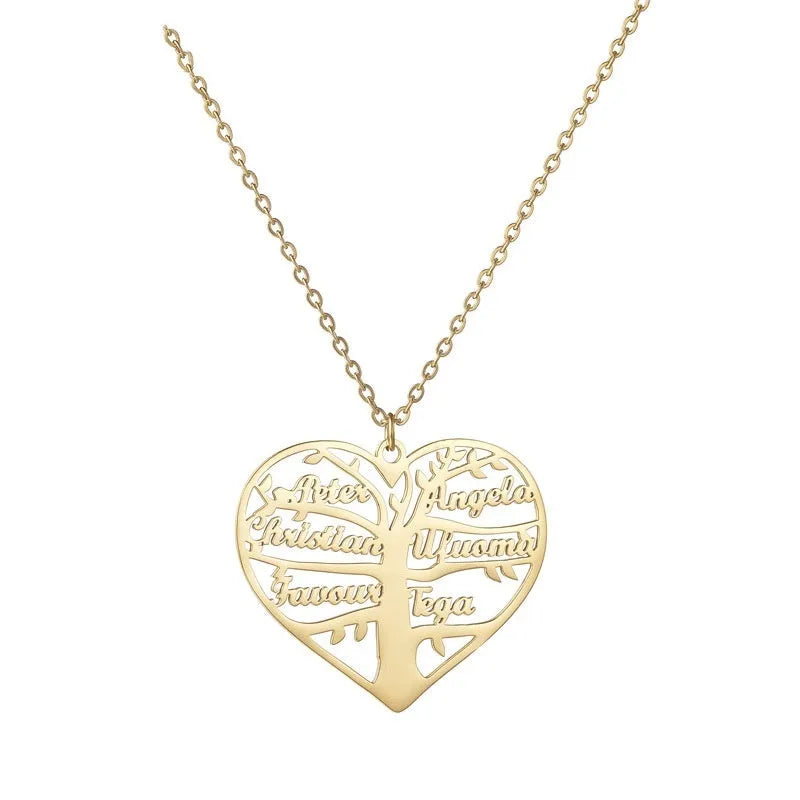 Custom stainless steel name necklace with hollow heart and tree pendant on an adjustable chain in silver tone