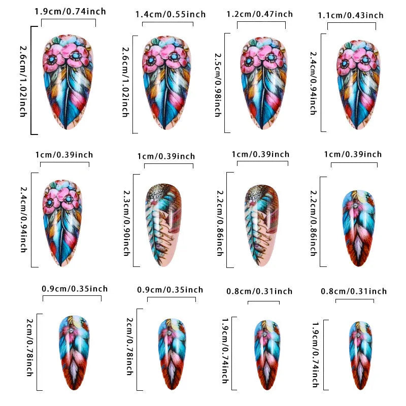 Retro style coloured feather armour nail art stickers with multiple pattern designs