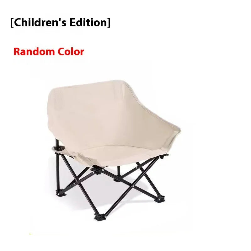 Beige folding outdoor camp chair with steel frame and Oxford cloth seat in the open position