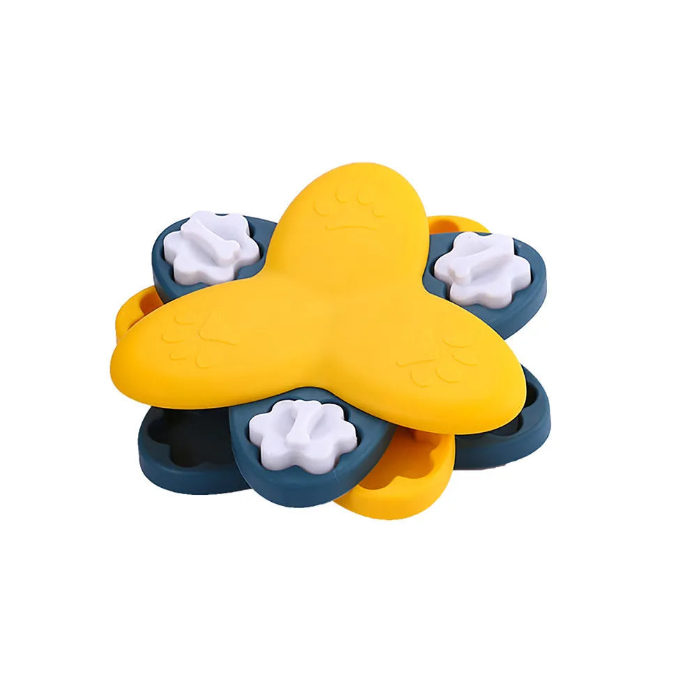 Green and yellow dog puzzle toy with rotatable compartments and bone-shaped covers