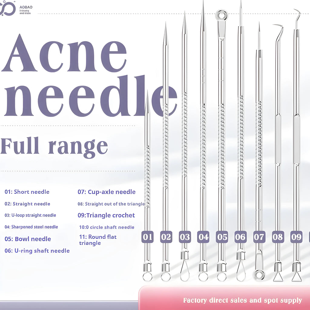 Four metal acne needles with ultra fine points stored in a black plastic clip.