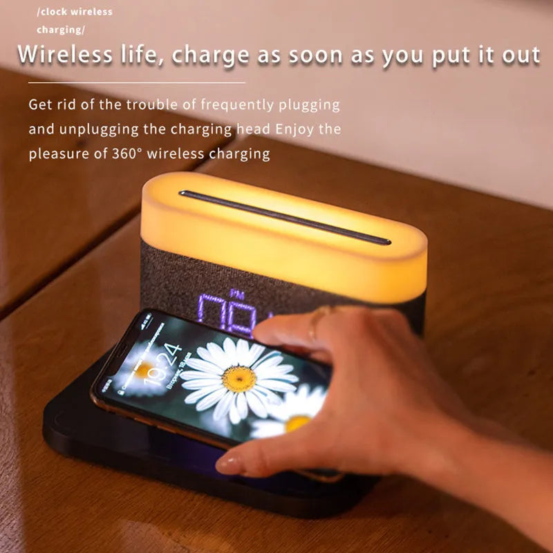 Black wireless charging bedside lamp with digital clock display and thermal cup functionality