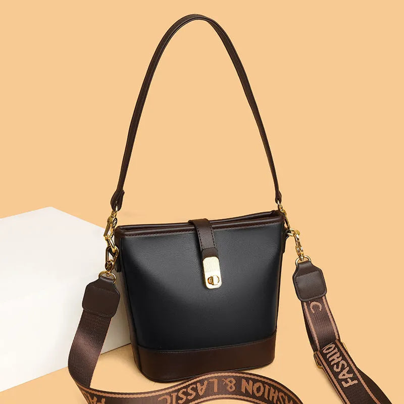 Black Korean style soft PU bucket messenger bag with double straps and external pocket