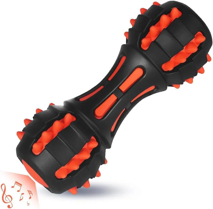 Red dumbbell-shaped dog chew toy for medium large breeds with natural rubber construction