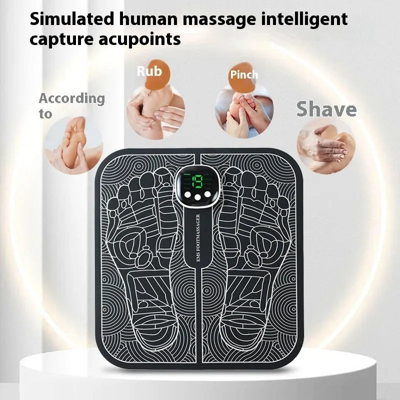 Blue rechargeable foot massager mat with remote control on wooden floor