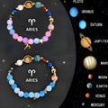 Two natural stone beaded bracelets showing different zodiac sign designs