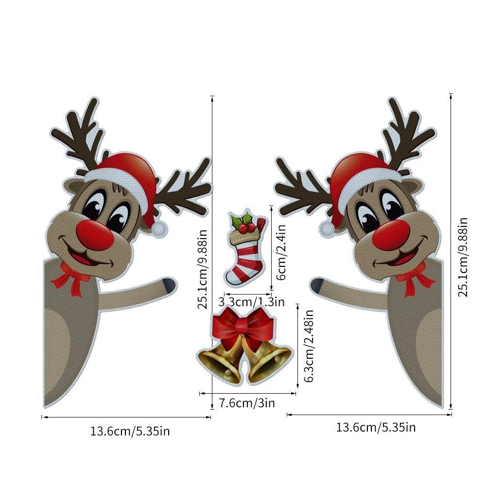 Set of magnetic Christmas car bumper stickers with a reflective luminous elk and bells cartoon design
