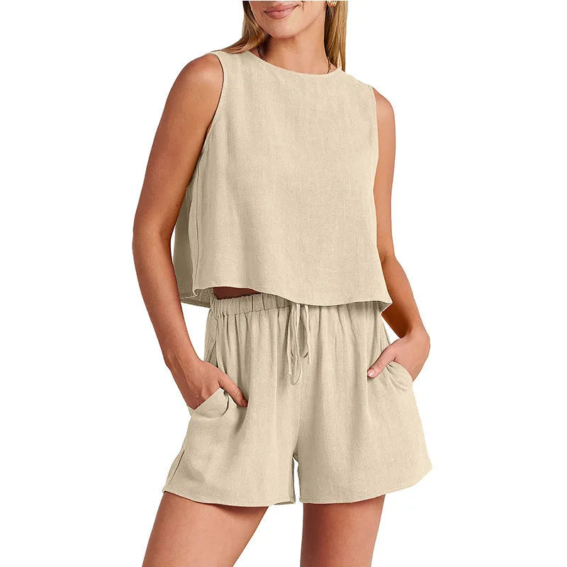 Women's sleeveless top and drawstring shorts summer set in apricot colour