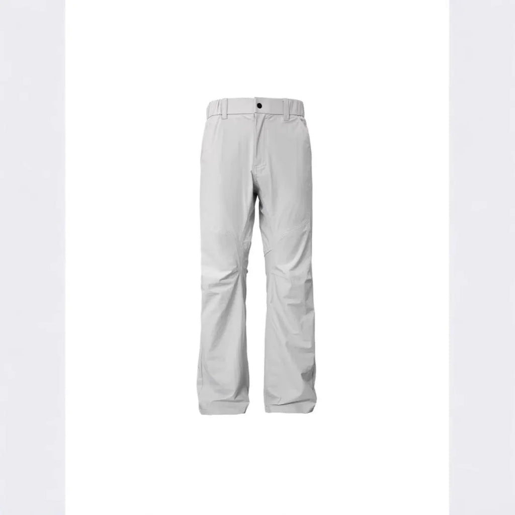 Men's straight-leg casual trousers in a neutral colour on a hanger, showing the mid-waist and elasticated waistband detail.