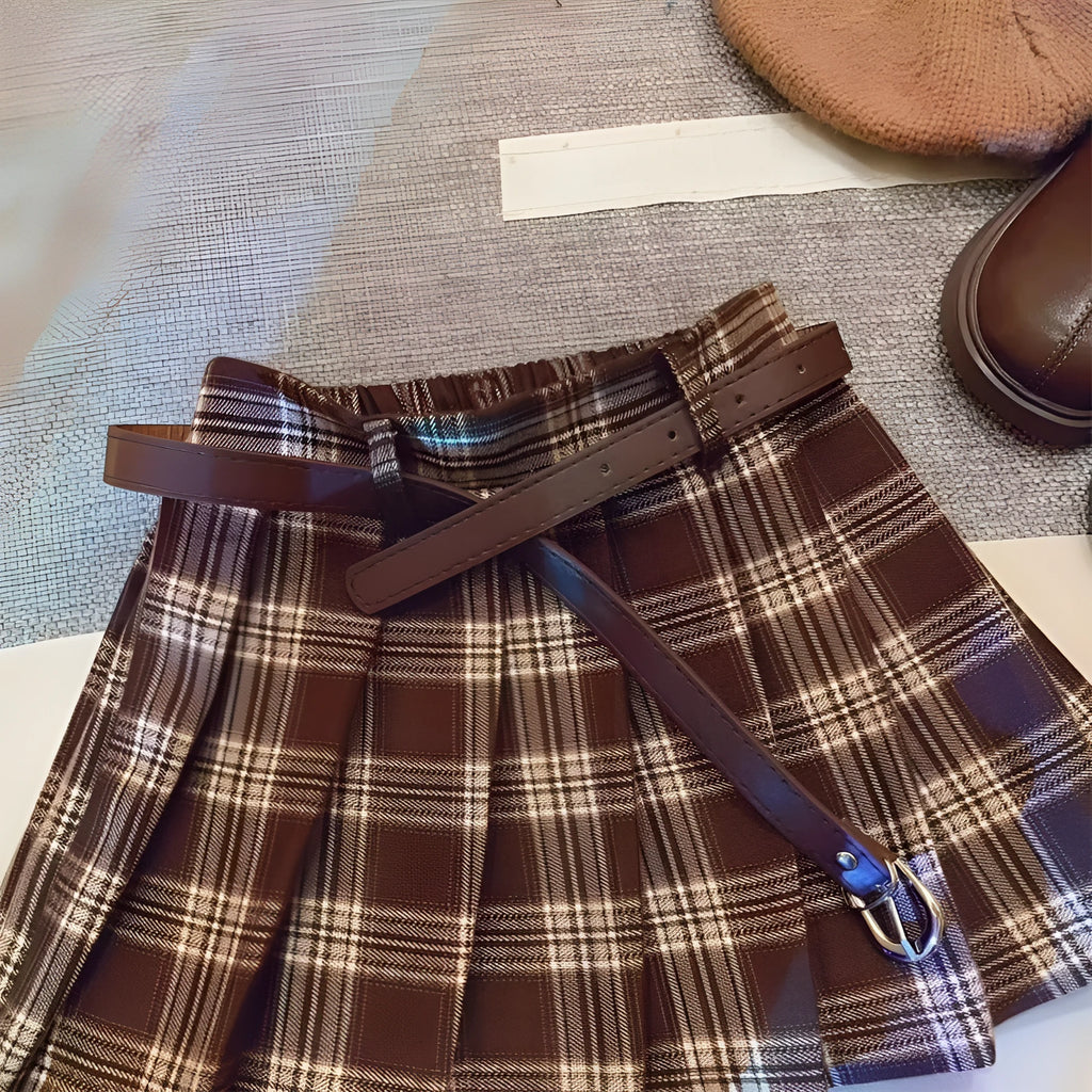 Girls' plaid pattern pleated A-line skirt in cotton blend fabric.