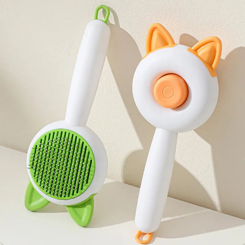 Self-cleaning pet brush with stainless steel bristles in greenish white colour
