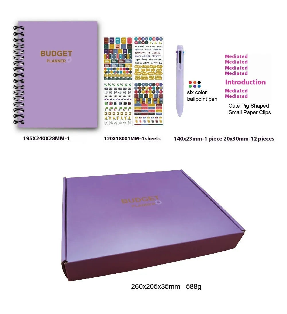 Purple coil-bound budget planning notebook with pen, stickers, and paper clips for financial organisation