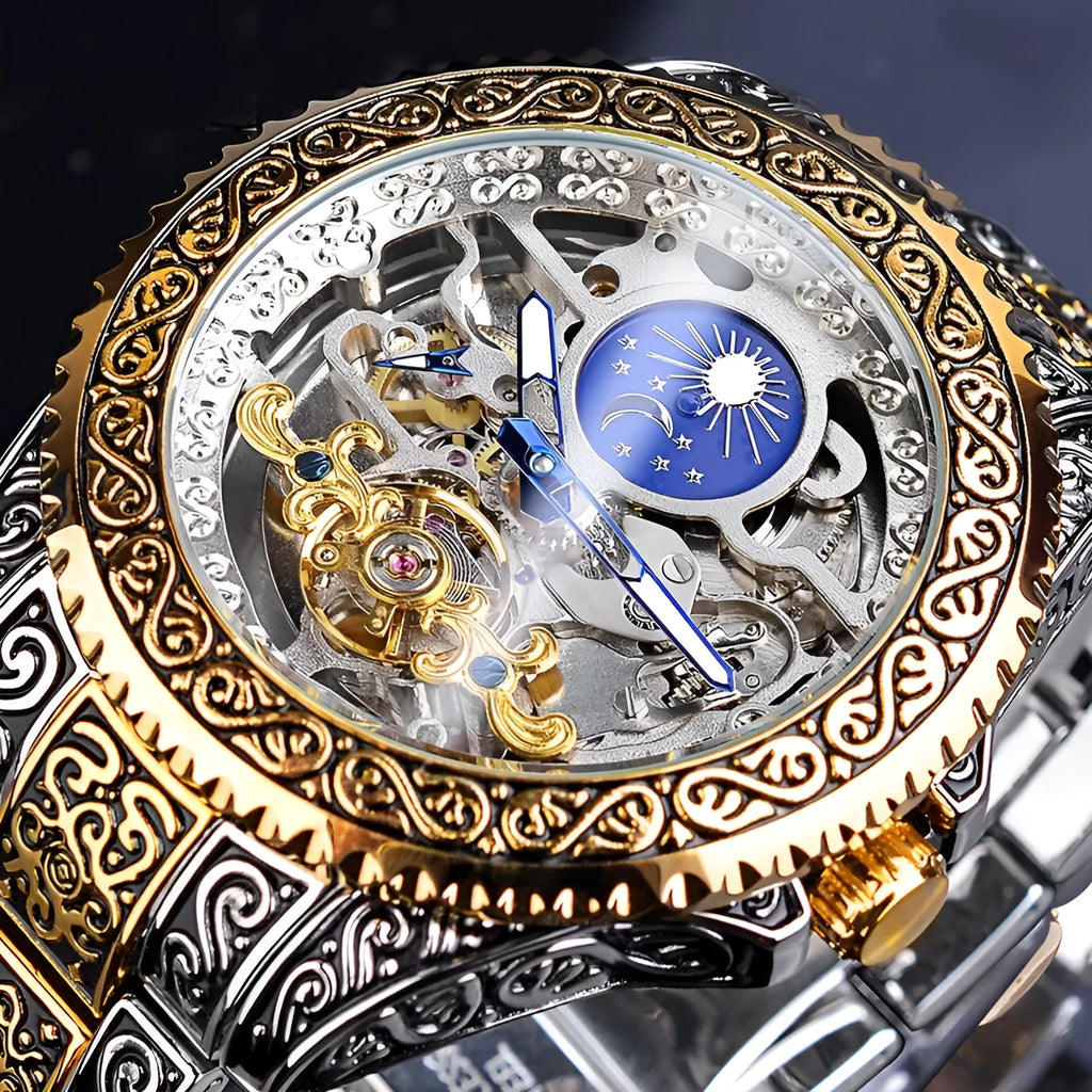 Forsining yellow skeleton tourbillon mechanical watch with stainless steel band