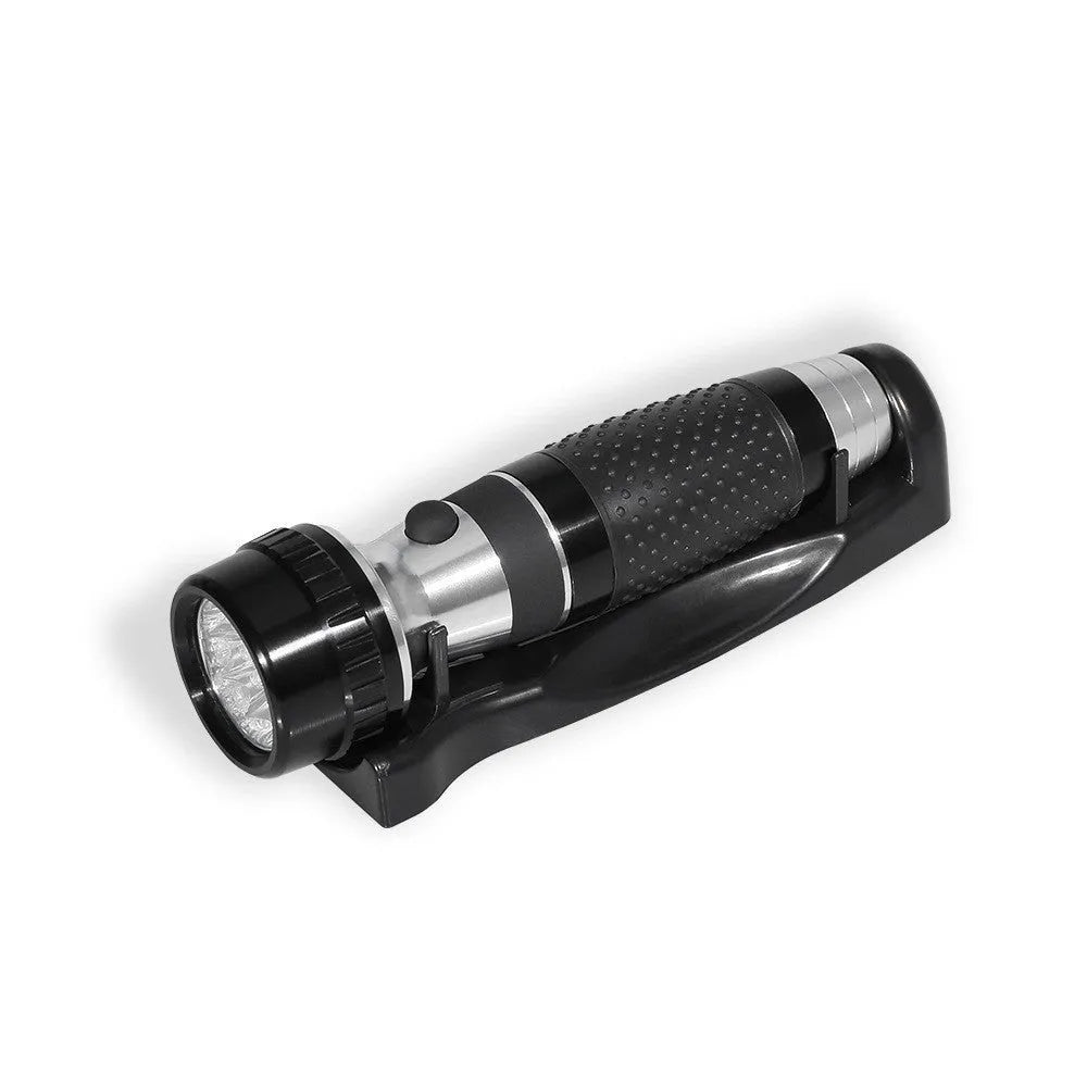 Black rechargeable wall mounted flashlight with 13 LED white lights and aluminium alloy body, shown with base.
