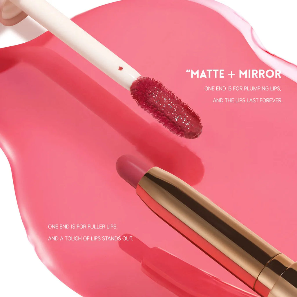 Double-headed lipstick and lip gloss cosmetic product showing matte and glossy ends with 10 colour shade options