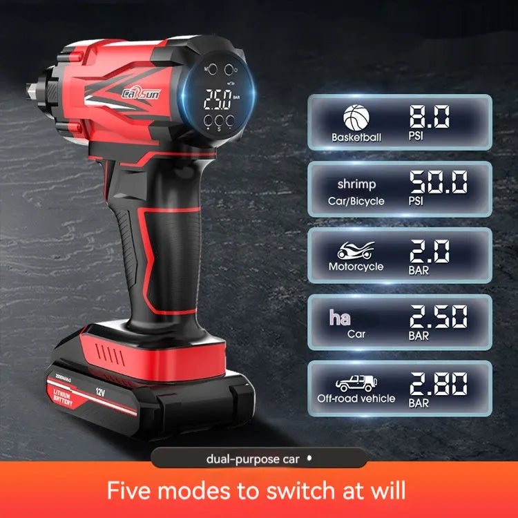 Red and black portable car tyre inflator with wireless charging and 12V cigarette lighter connection