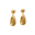 Gold stainless steel earrings with geometric hemisphere shape and water drop pendant design