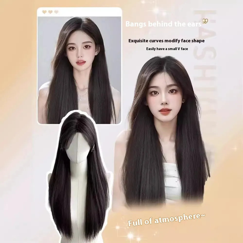 Forehead lace long straight full-head wig with side bangs in high temperature fibre material