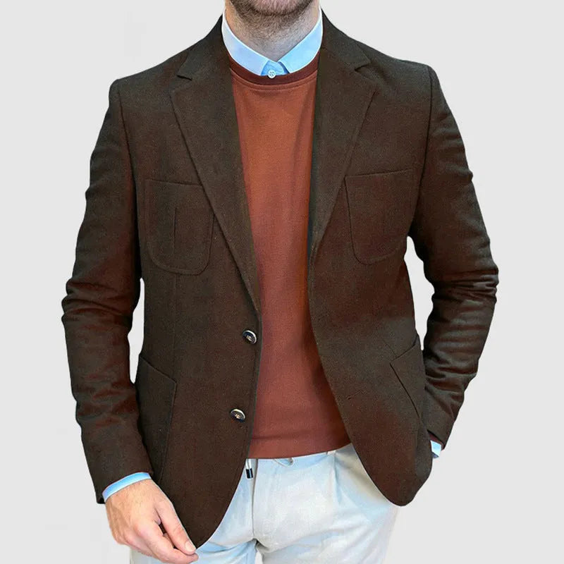 Men's loose fit cotton retro suit jacket in army green colour with tailored casual styling