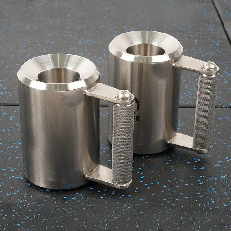 Silver stainless steel dumbbell cup for Olympic barbells weighing 8kg with cast iron construction.