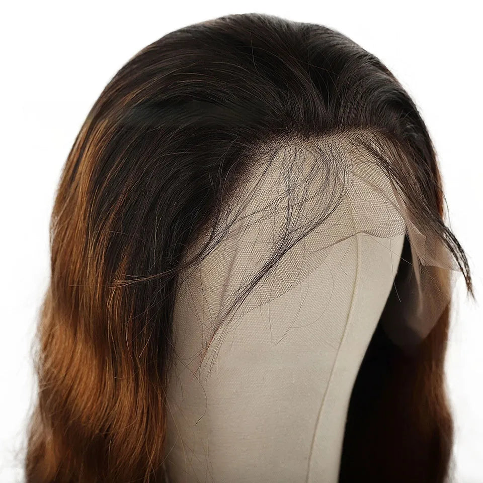 A human hair lace front wig in a Ruili gradient colour, displayed on a wig stand