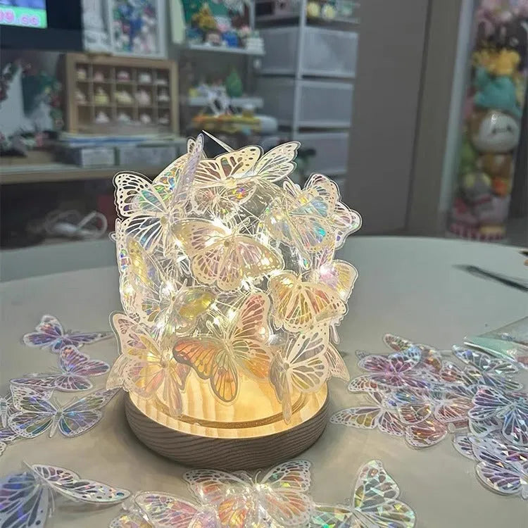 Handmade butterfly small night lamp DIY kit with glass shade and raw wood base for bedroom bedside