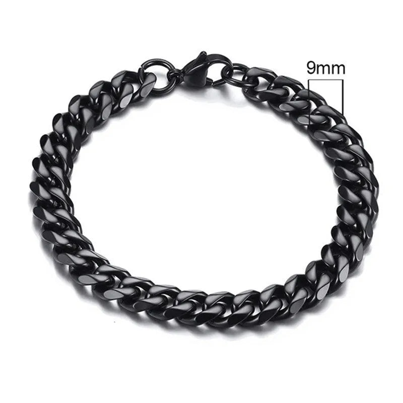 Six-sided geometric gold Cuban link chain metal bracelet showing multiple width and colour options