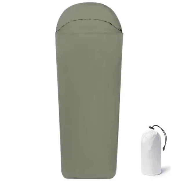 Blue mummy-type nylon camping sleeping bag for adults showing portable design
