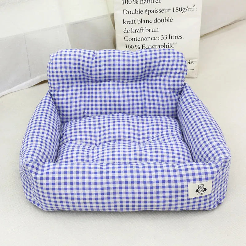Gray and Blue Plaid cloth dog car bed nest for pet travel on vehicle seat