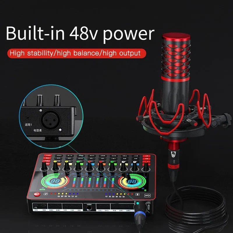 G4 professional USB sound card with LCD display, microphone, remote control and audio cables on a desk