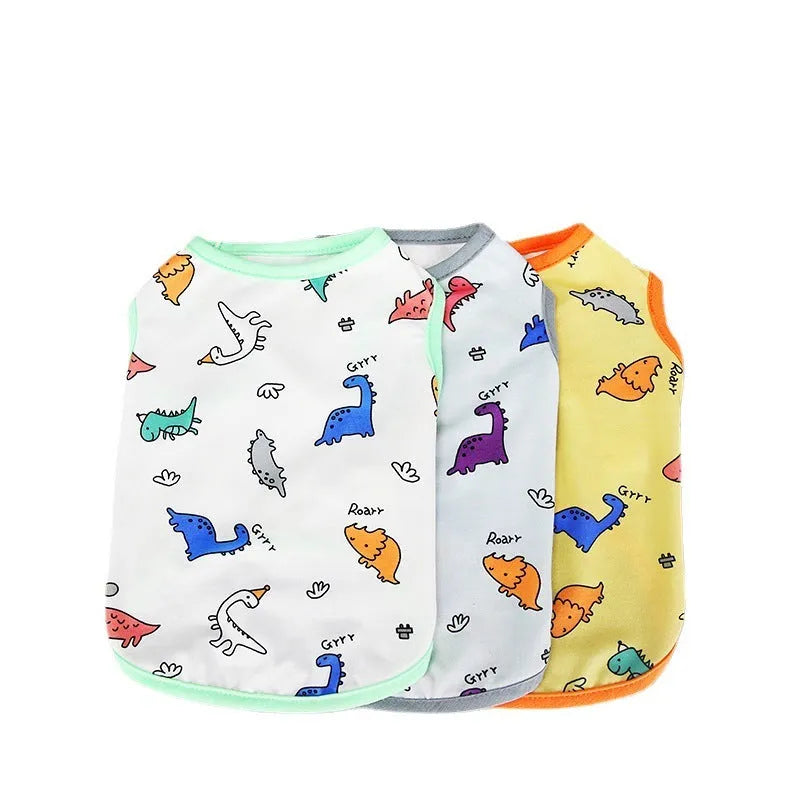 Pet clothing for dogs and cats in yellow, blue, or white, sizes S to XXL, 25% cotton 75% polyester casual spring summer outfit.