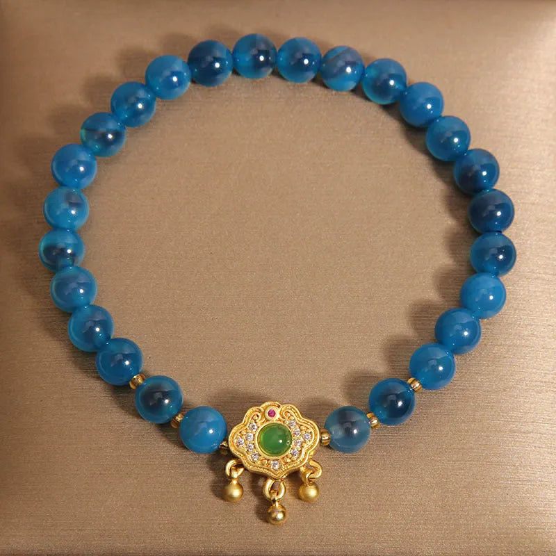 Blue sugar heart agate safety lock pendant bracelet for women with crystal construction and alloy inlay
