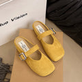 Women's flat closed toe half slippers in apricot, blue, red, or yellow with a square toe and rubber sole.