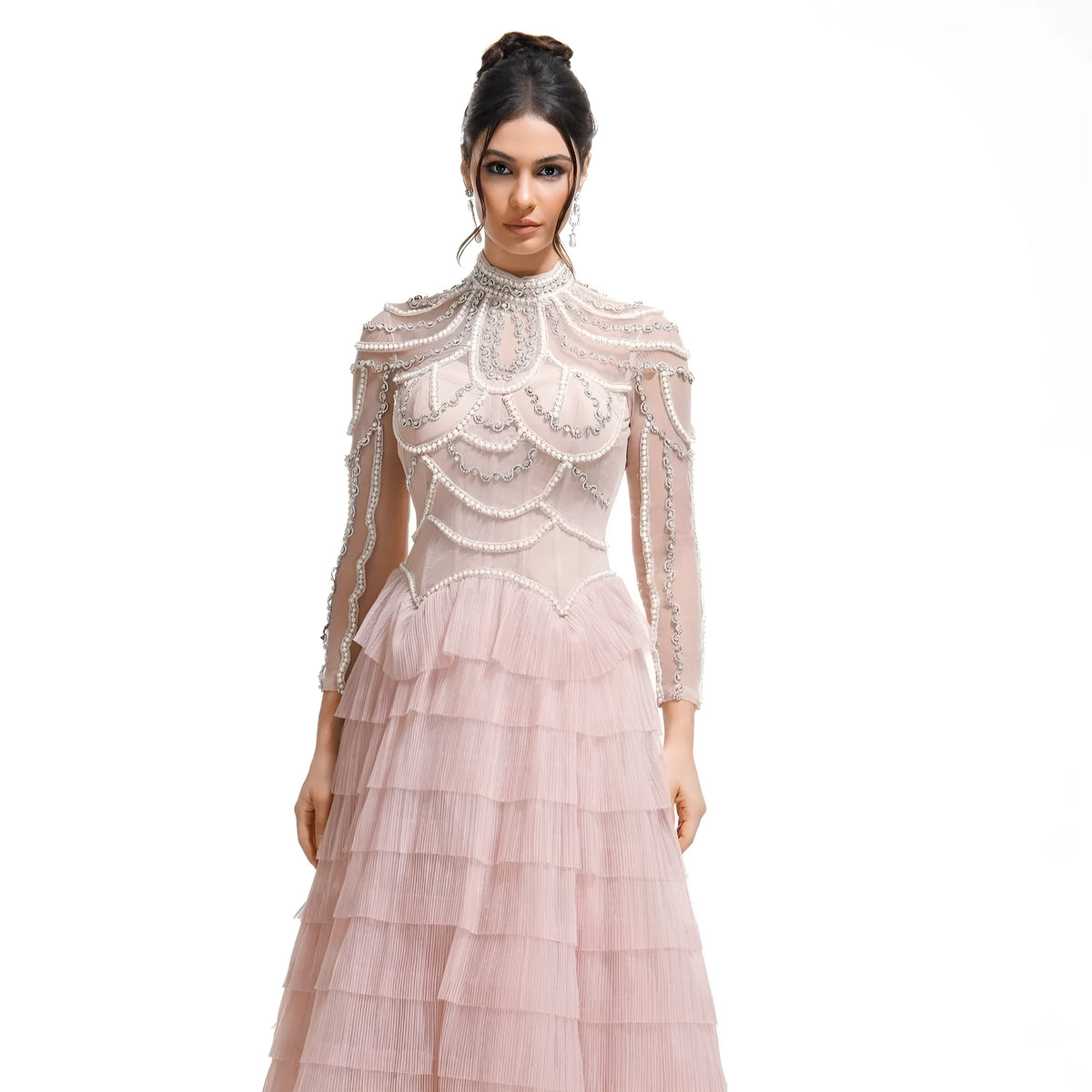 Women's black beaded long sleeve dress with three-dimensional decoration and mid waist design
