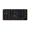 Large black office desk mouse mat with white printed calculator shortcut keys and keyboard commands.