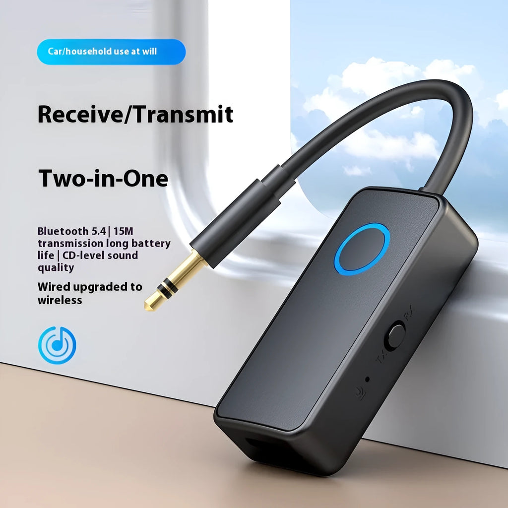 Black Bluetooth 5.4 audio adapter with a 3.5mm plug for wireless streaming to car stereos and headphones