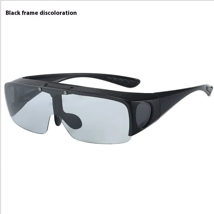 Polarised sports sunglasses with one-piece myopia glasses design for outdoor activities.