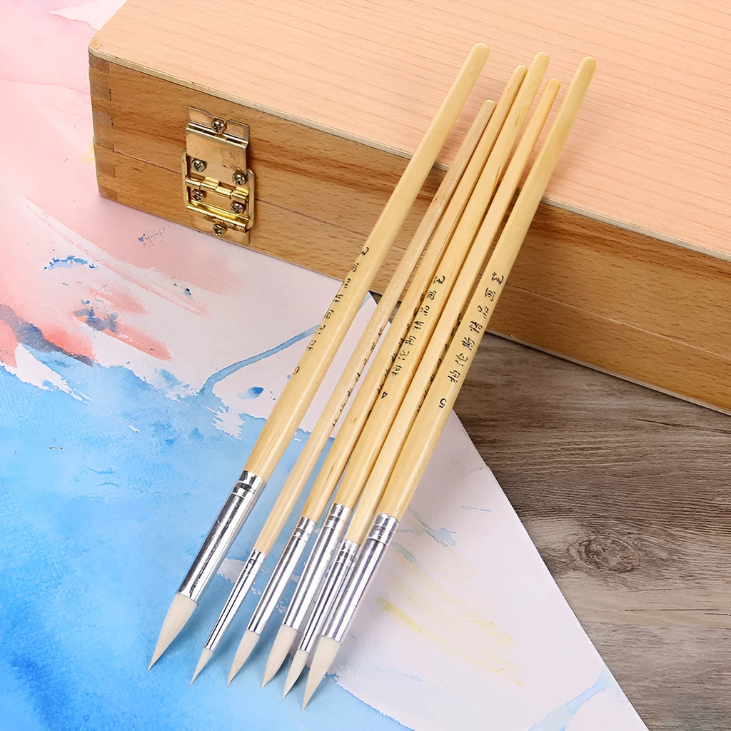 Set of six wooden hook line pen brushes with wool pointed tips for artistic detailed work