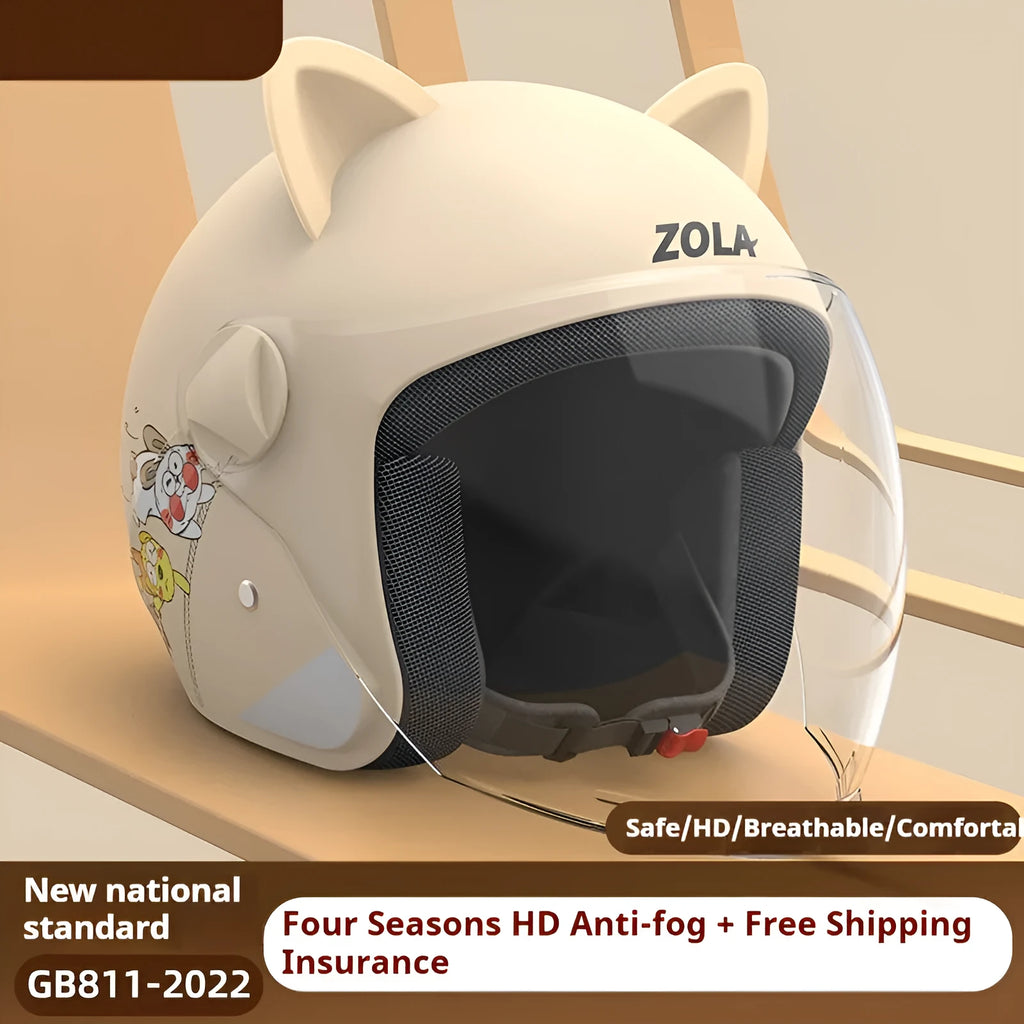 Blue winter electric bicycle helmet with anti-fog visor and attached neck scarf on a stand.