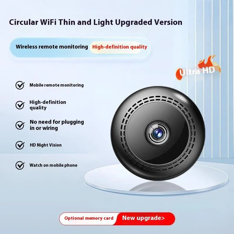 A wireless security camera on a table, representing models with HD night vision and remote monitoring.