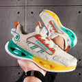 Men's low-top mesh sports shoes in beige orange with elastic band and popcorn TPU sole.